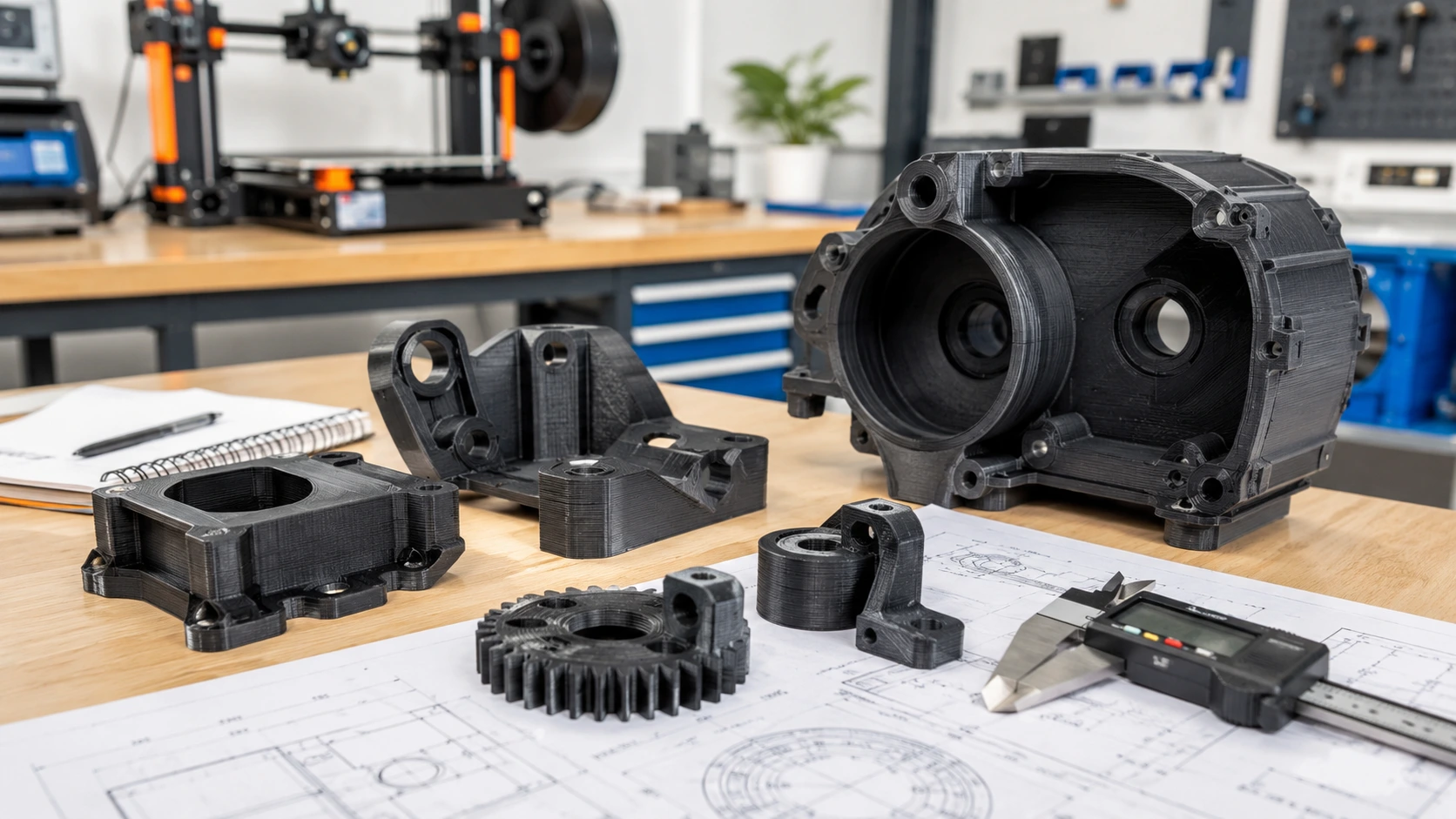 FDM printed housings and prototype brackets on an engineering workbench