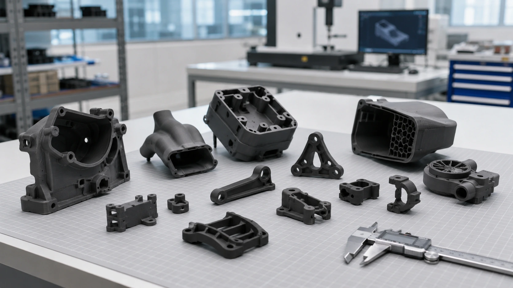 MJF nylon prototype parts and small functional housings on a clean inspection table