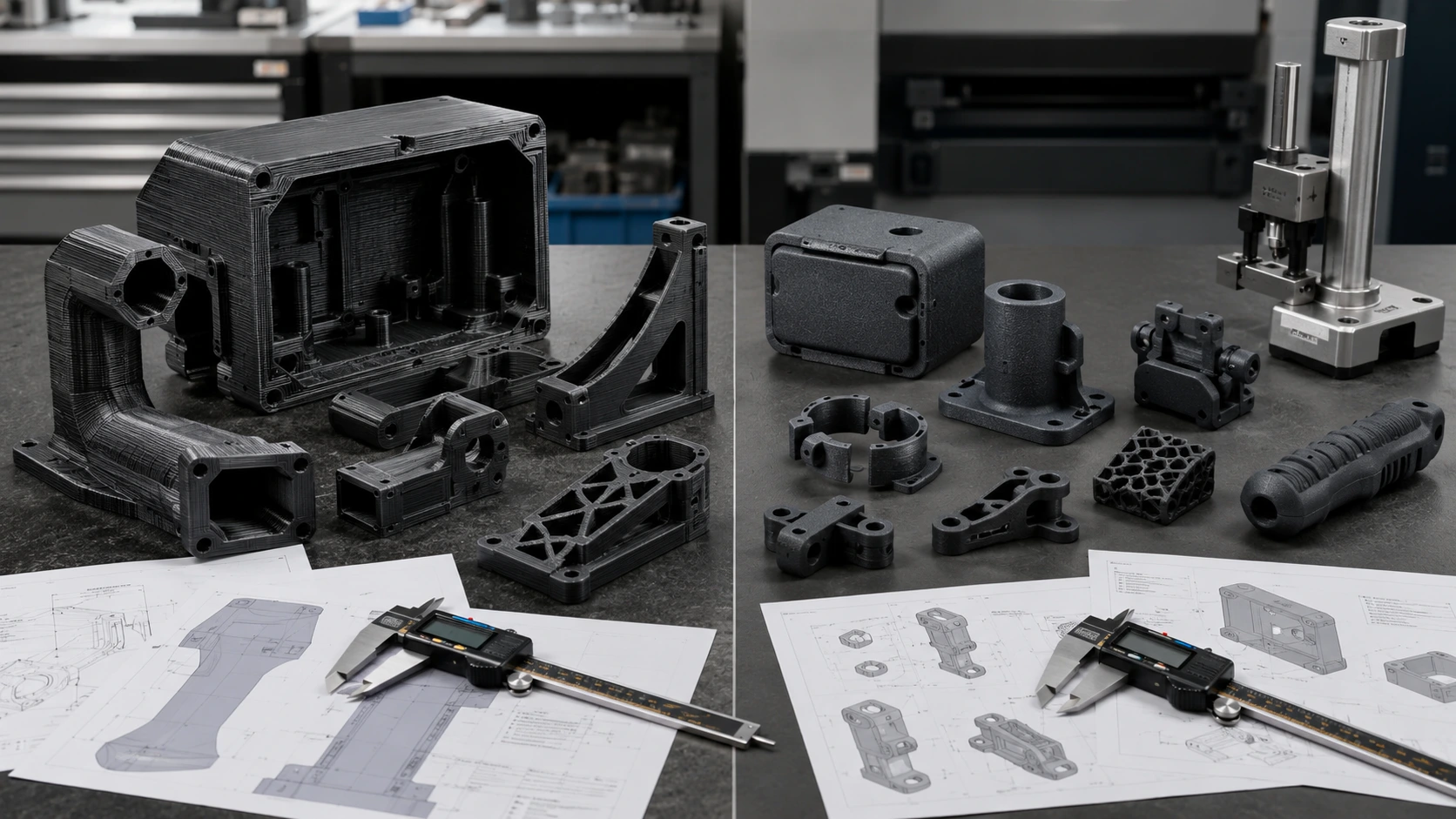 Side-by-side comparison of FDM printed parts and MJF nylon prototype parts on an engineering workbench