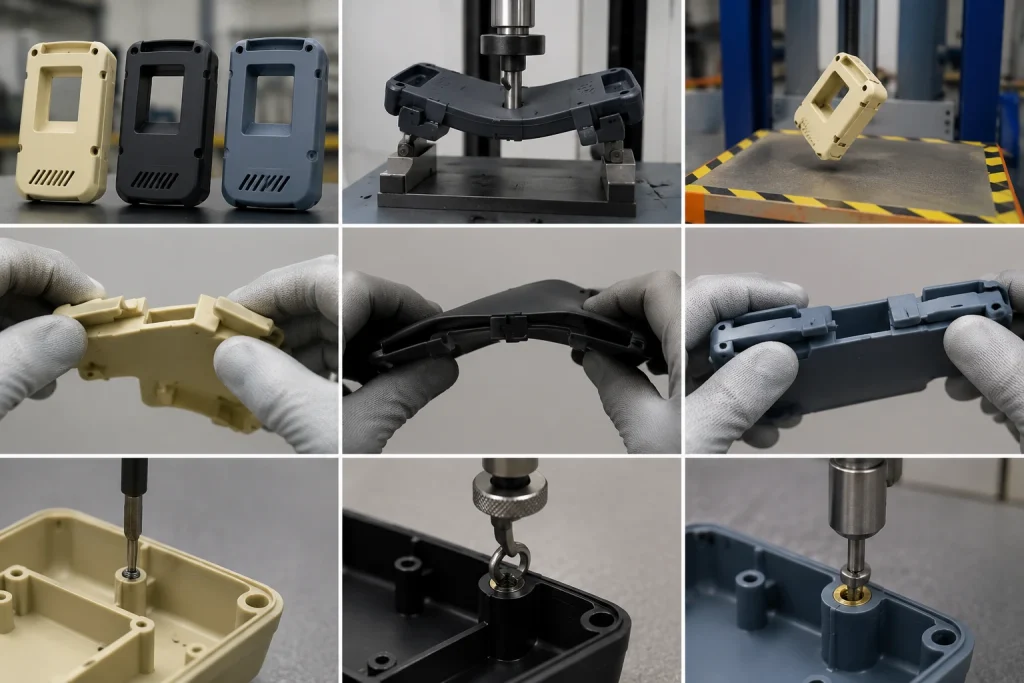 Vacuum-cast housings undergoing mechanical testing