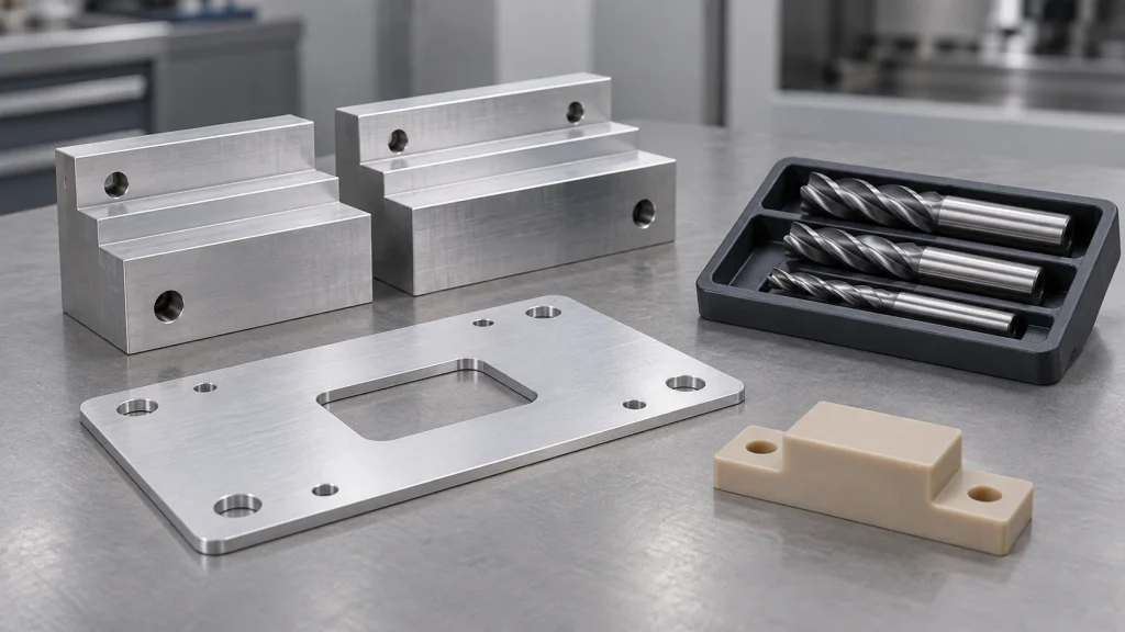 Aluminum and PEEK parts beside milling tools