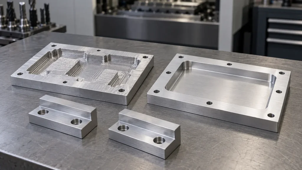 Pocketed aluminum plates beside soft fixture jaws